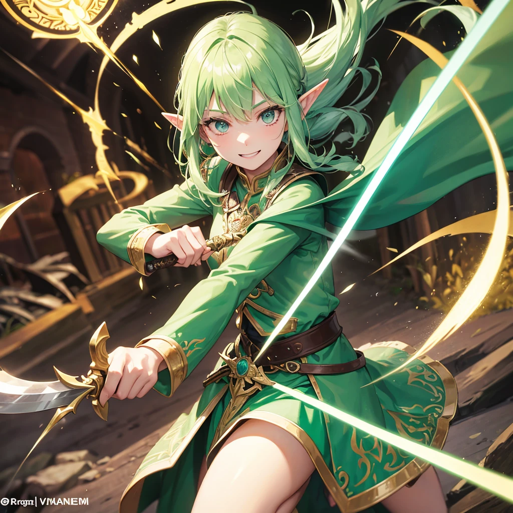 Elven Swordsman(Green semi-long),Holding a magic sword、tropical(Tavern Rainbow light swirling magic circle)、smile、Hellgate