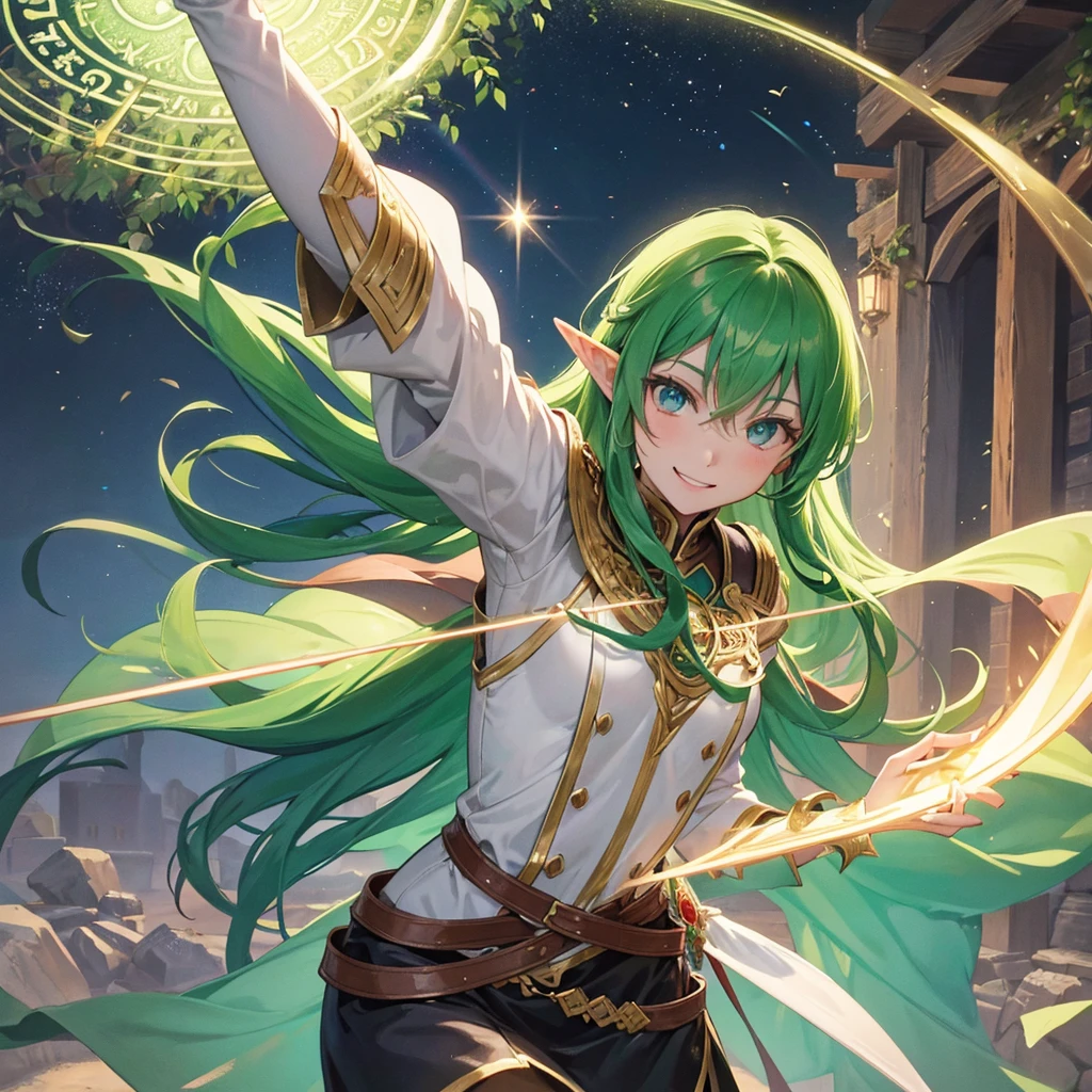 Elven Swordsman（Green semi-long）,Holding a magic sword、tropical（Tavern　Rainbow light swirling　magic circle）、smile、Hellgate