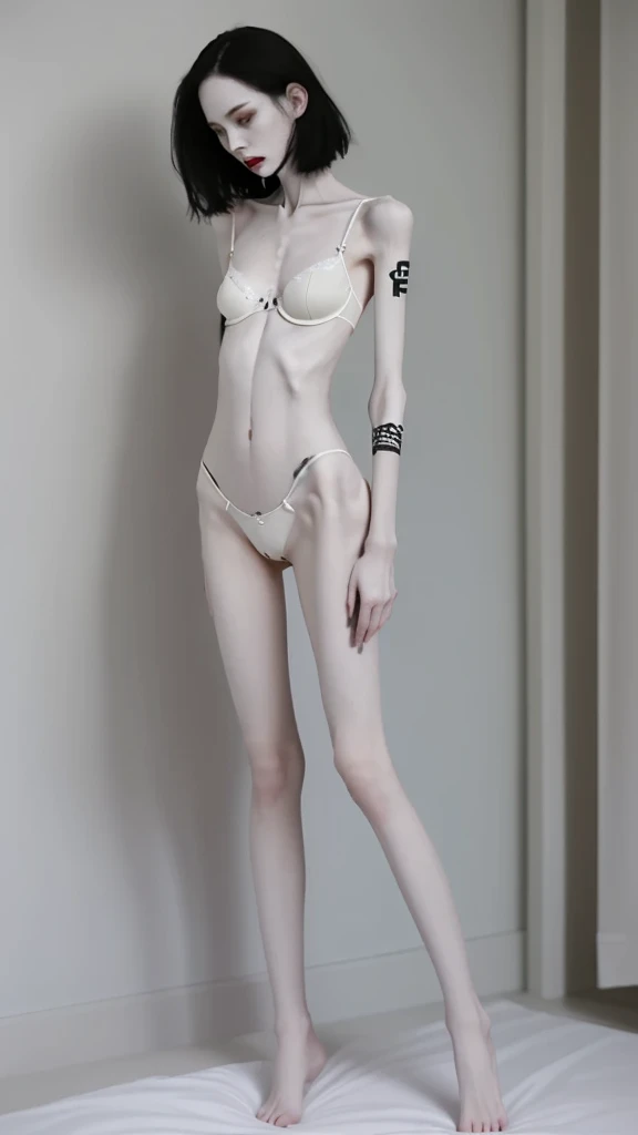a woman, very thin body, body visible bones, very slender, pale white skin, panties, bra,tatto, full body, has a breakdown in an a room