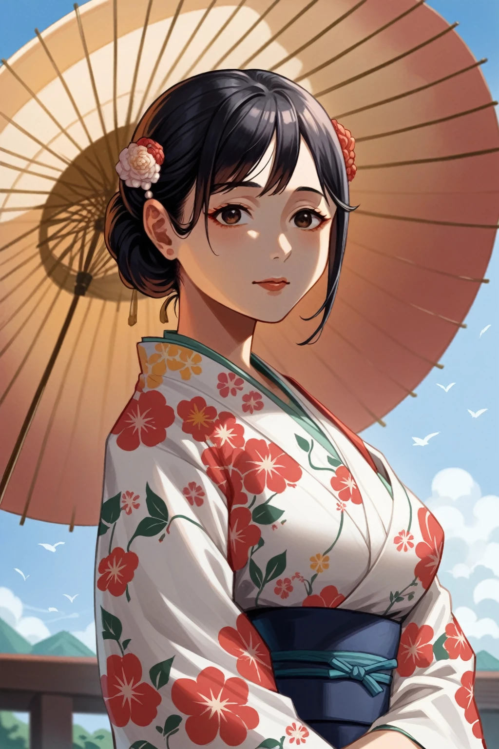 araffe woman in kimono with a parasol and a blue sky, in kimono, Japanese model, in a kimono, Japanese woman, traditional beauty, vestindo um quimono, traditional japanese, wearing kimono, japanese goddess, beautiful face of japanese girls, kimono japanese, portrait of a japanese teenager, portrait of a japanese girl, elegant Japanese woman, of a youthful japanese girl