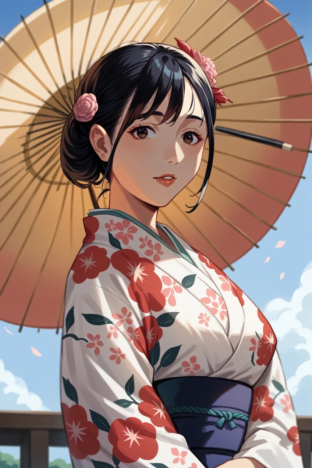 araffe woman in kimono with a parasol and a blue sky, in kimono, Japanese model, in a kimono, Japanese woman, traditional beauty, vestindo um quimono, traditional japanese, wearing kimono, japanese goddess, beautiful face of japanese girls, kimono japanese, portrait of a japanese teenager, portrait of a japanese girl, elegant Japanese woman, of a youthful japanese girl