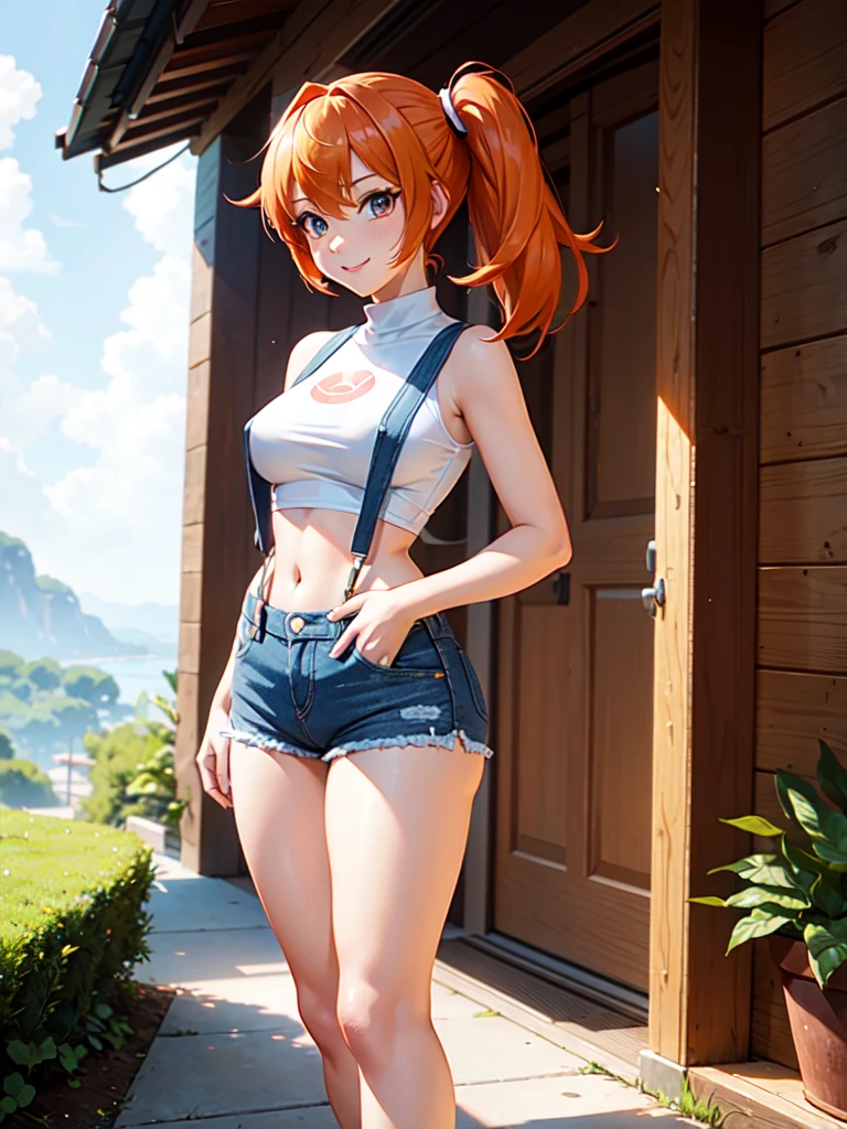 professional anime, anime :Pokemon, anime style: OLM.inc, masterpiece, best quality, high resolution, 1 woman only, misty (pokemon), orange hair, solo, shorts, suspenders, side ponytail, orange hair, stomach, yellow crop top, navel, short hair, denim, jean shorts, smile, cowboy shot, standing, pace_sign, outdoors, 80% Nude, camel toe, กางเกงในสีขาว, โชว์กางเกงใน, โชว์หน้าอก,