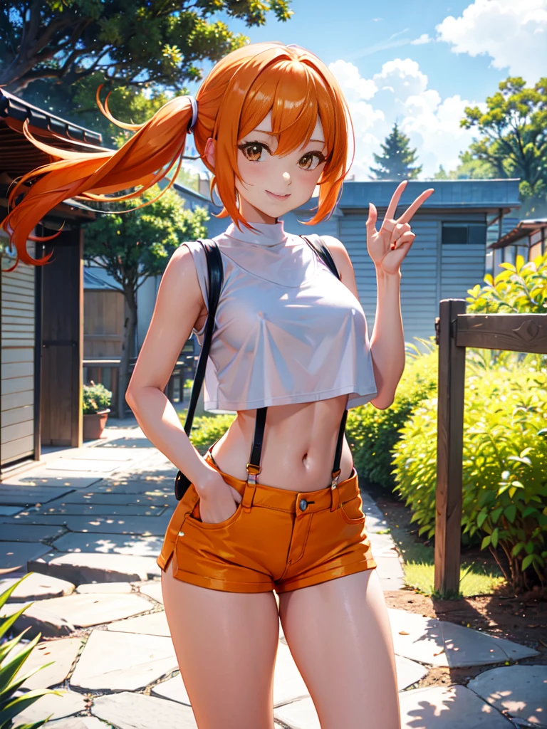 professional anime, anime :Pokemon, anime style: OLM.inc, masterpiece, best quality, high resolution, 1 woman only, misty (pokemon), orange hair, solo, shorts, suspenders, side ponytail, orange hair, stomach, yellow crop top, navel, short hair, denim, jean shorts, smile, cowboy shot, standing, pace_sign, outdoors, 80% Nude, camel toe, กางเกงในสีขาว, โชว์กางเกงใน, โชว์หน้าอก,