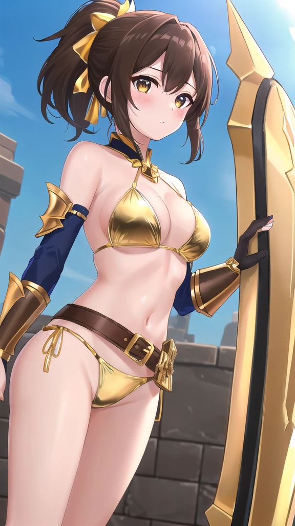 (1 Girl,Solo) , (Waist sheath:1.3), , Short Hair, Medium bust, Displaying the viewer, Bangs ,Hazel eye detail, (Brown hair,Short ponytail hair:1.5), ,Short Hair, Peeing while standing,Straight on, Couple, (Esbian all over:1.1), White thighs,(Couple:1.4),,Close-up portrait of a woman in gold armor, Girl in Armor, ビキニアーマーのfemale knight, Gold Bikini Armor,Gold Bikini Armor, Gorgeous Female Paladin, female knight, 美しいfemale knightの, Beautiful Armor, Slender、Gold Bikini Armor, Exposed abdomen, Glamorous Gold Bikini Armor, Stunning Armor, Vertical belly button、Skin radiance、Rough-skinned Esbian,Futomo,Silver Armored Boots,Don