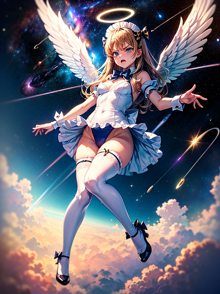 Highest quality,Highest Resolution,Beautiful girl with angry face in maid leotard,Frills,High leg,(((Floating in the air))),Halo,(((universe space))),Milky Way,meteor,Very beautiful eyes,(((White angel wings on the back))),whole body,long hair,(((Shoot a bow))),Knee-high stockings,Floating in the air,