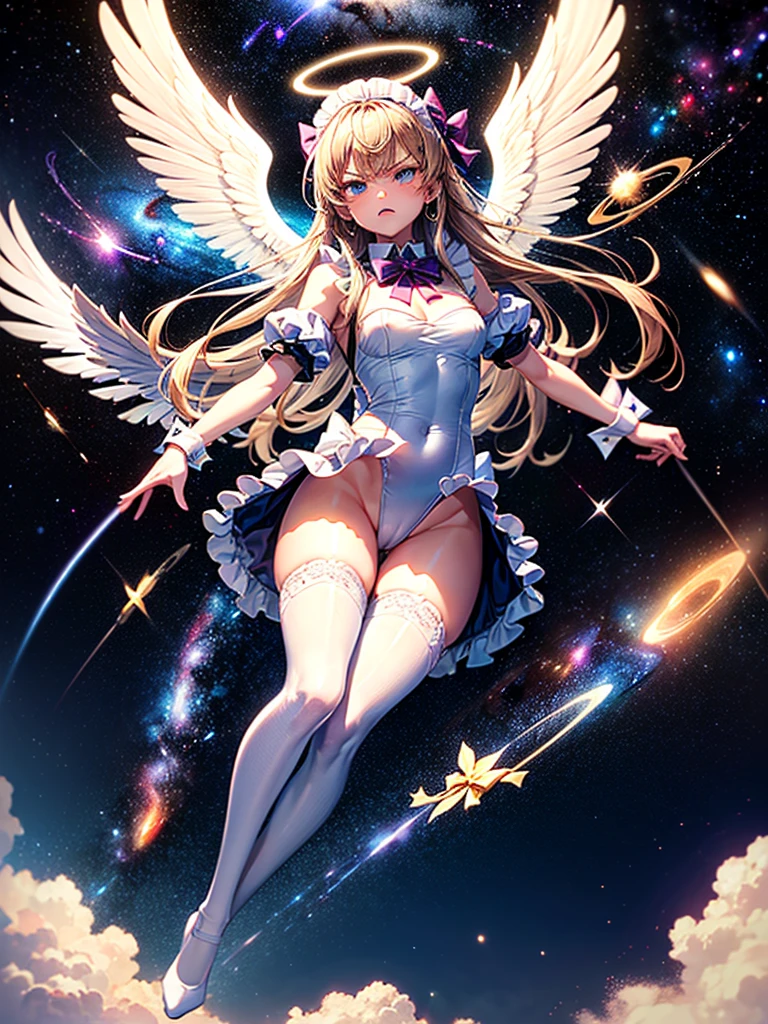 Highest quality,Highest Resolution,Beautiful girl with angry face in maid leotard,Frills,High leg,(((Floating in the air))),Halo,(((universe space))),Milky Way,meteor,Very beautiful eyes,(((White angel wings on the back))),whole body,long hair,(((Shoot a bow))),Knee-high stockings,Floating in the air,