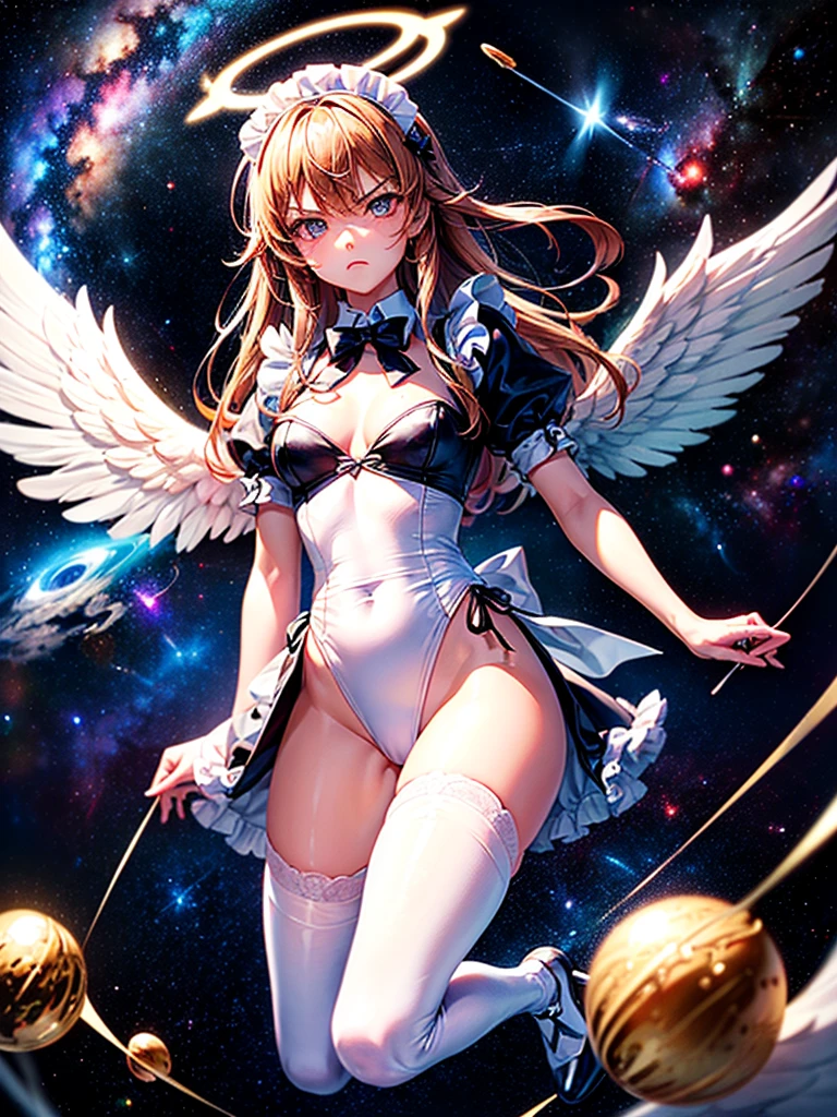 Highest quality,Highest Resolution,Beautiful girl with angry face in maid leotard,Frills,High leg,(((Floating in the air))),Halo,(((universe space))),Milky Way,meteor,Very beautiful eyes,(((White angel wings on the back))),whole body,long hair,(((Shoot a bow))),Knee-high stockings,Floating in the air,