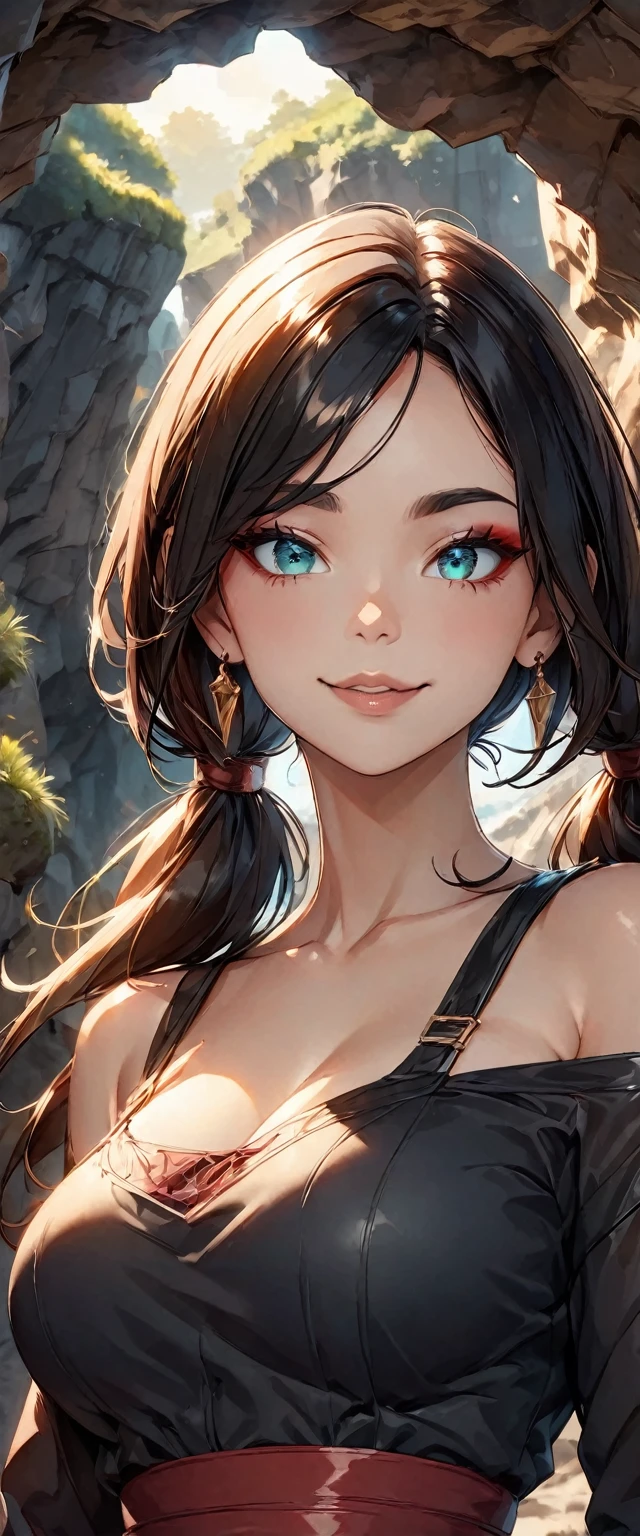 Photo of a woman with natural skin, Seaside cave, The light is shining in, Upper Body, Smiling, High Twintails, Black hair with red mesh, Sharp eyes with red eyeshadow, Blue-green eyes, Shining eyes, A thin, upturned nose, Well-shaped lips, Big Breasts, ((Black off-the-shoulder dress, Thin shoulder straps)), barefoot, Makeup, Exquisitely crafted with the utmost attention to detail, Vibrant, amazing, Smooth, Cinematic, 4K, Backlight, (()), Shallow depth of field, ((Detailed eyes:1.3, Detailed lips:1.3, high quality, )), masterpiece, Super detailed images, High quality