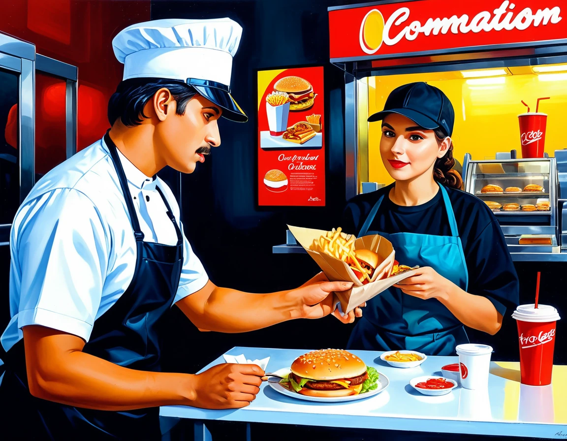 Oil painting on canvas in the style of late classicism, a Fast Food Worker serves an order to a visitor at a table, Fast Food Worker in the outfit of a fast food worker, full compliance, in detail, 32k