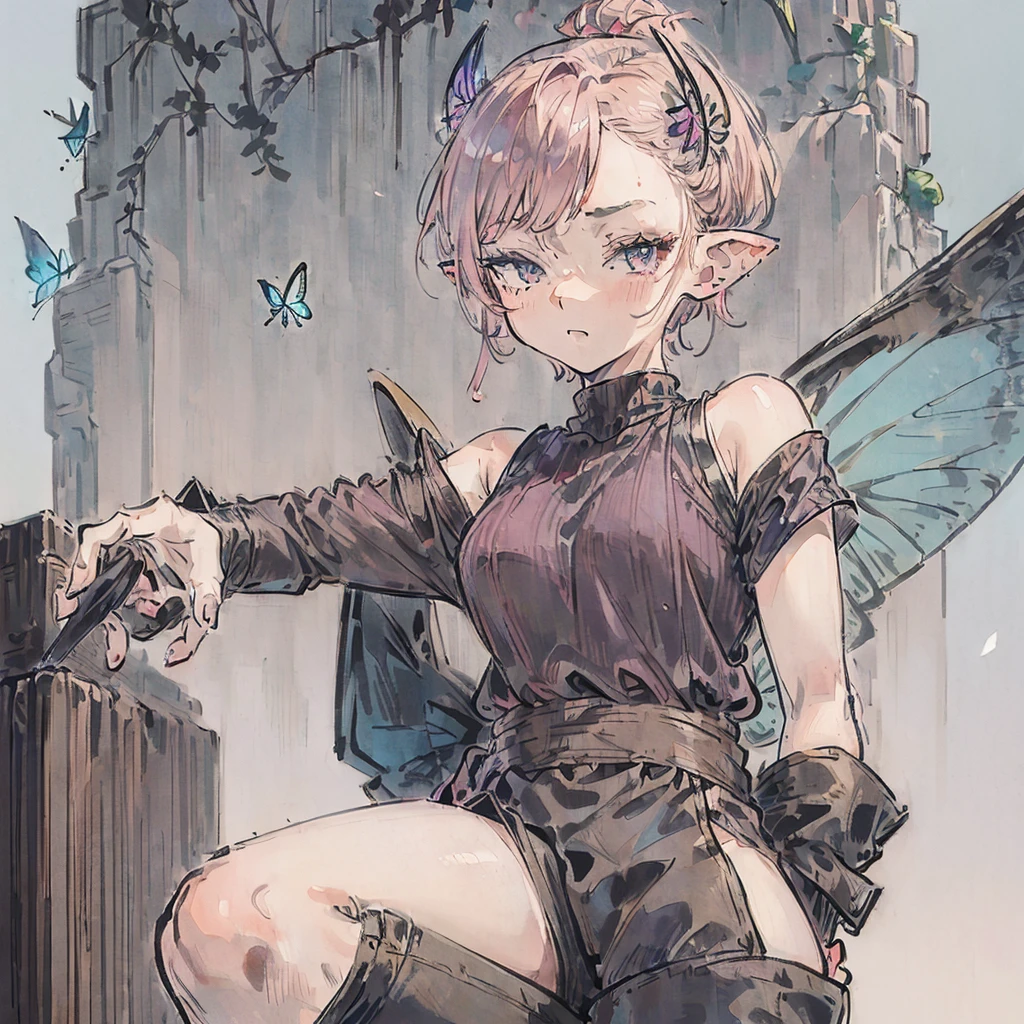 (((1girl))), ((high definition)), (from the waist up), ((tiny pixie)), short hair, dim pink hair color, big eyes, grey irises, (very pointy ears), (butterfly wings), (insect antennae), black turtleneck with shoulder cut-outs, grey shorts, knee-high brown boots, (neutral expression)