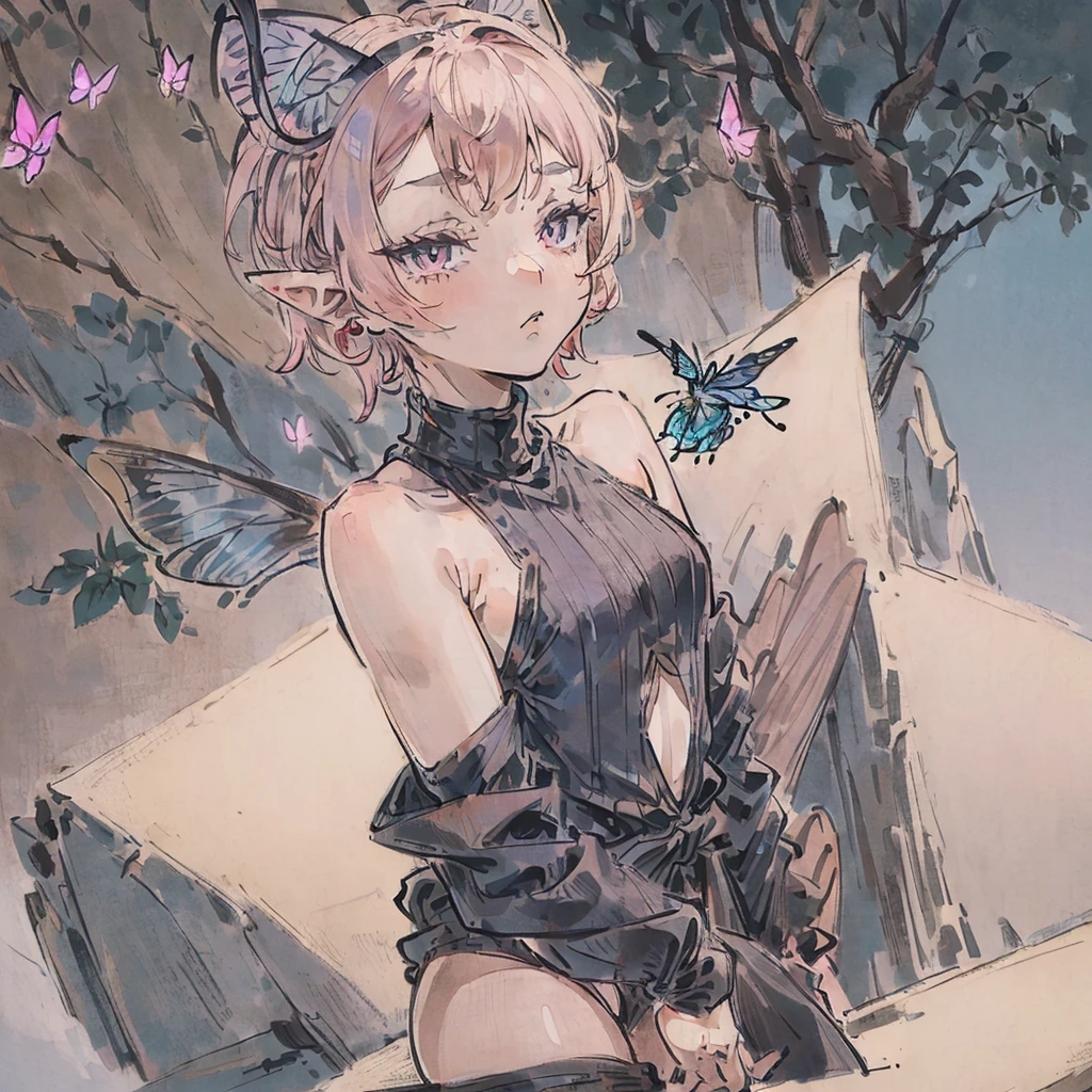 (((1girl))), ((high definition)), (from the waist up), ((tiny pixie)), short hair, dim pink hair color, big eyes, grey irises, (very pointy ears), (butterfly wings), (insect antennae), black turtleneck with shoulder cut-outs, grey shorts, knee-high brown boots, (neutral expression)