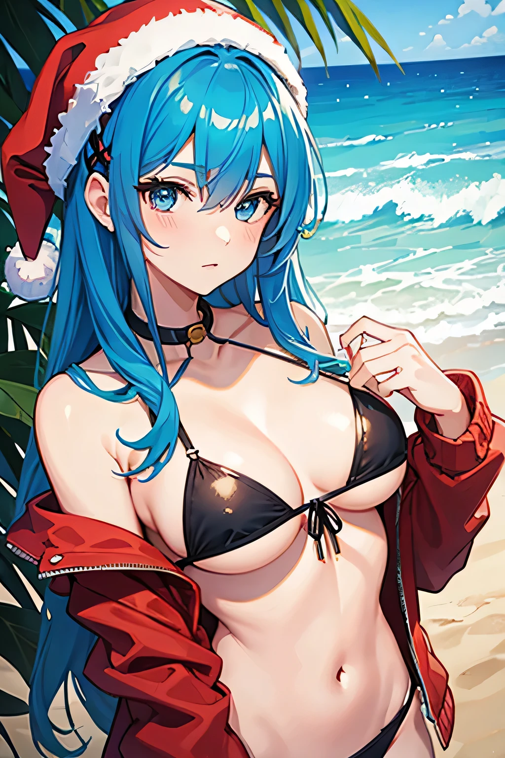 a girl santa bikini blue hair