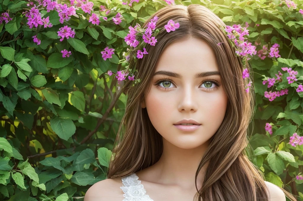 a girl in a garden, beautiful detailed eyes, beautiful detailed lips, extremely detailed eyes and face, long eyelashes, 1girl, detailed flower garden, detailed wooden fence, overgrown vines on fence, sunlight streaming through fence, (best quality,4k,8k,highres,masterpiece:1.2),ultra-detailed,(realistic,photorealistic,photo-realistic:1.37),concept art,vibrant colors,natural lighting,warm tones