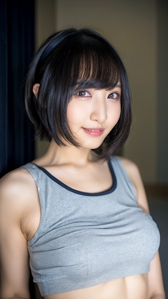 20-year-old, 8K, RAW Portrait (Japanese Girls), photo Realistic, Ultra-high resolution, Highest quality, Actual photo , dramatic, Atmospheric, Realistic,
One girl, a very beautiful Japanese Girls, Glamorous shot of a girl, smile,Bobcut,Textured skin, , lips,Big and beautiful eyes,Sportswear,belly button, Beautifully detailed nose,,Big Breasts,View your viewers, 