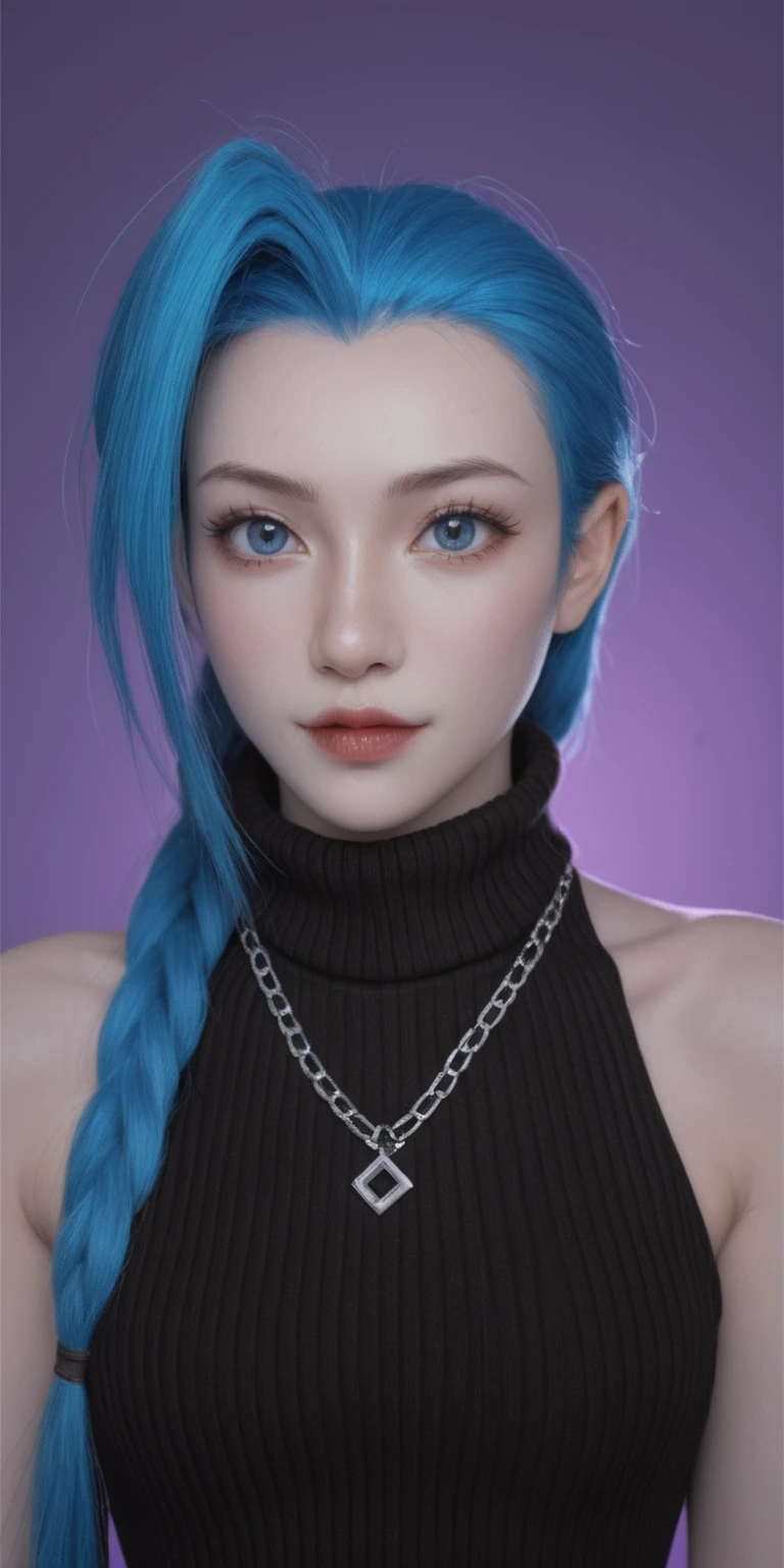 score_9, score_8_up, score_7_up, score_6_up, 
 1girl, solo, jinx \(league of legends\),  looking at viewer, purple background, sidelighting, backlighting, turtleneck sweater, 3d, realistic, sleeveless, necklace, makeup, glowing,