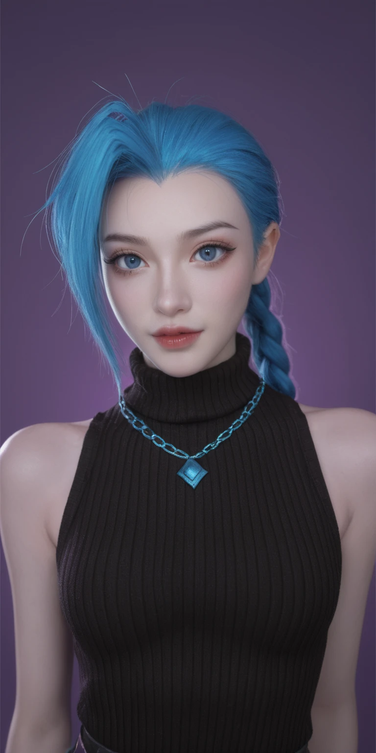 score_9, score_8_up, score_7_up, score_6_up, 
 1girl, solo, jinx \(league of legends\),  looking at viewer, purple background, sidelighting, backlighting, turtleneck sweater, 3d, realistic, sleeveless, necklace, makeup, glowing,