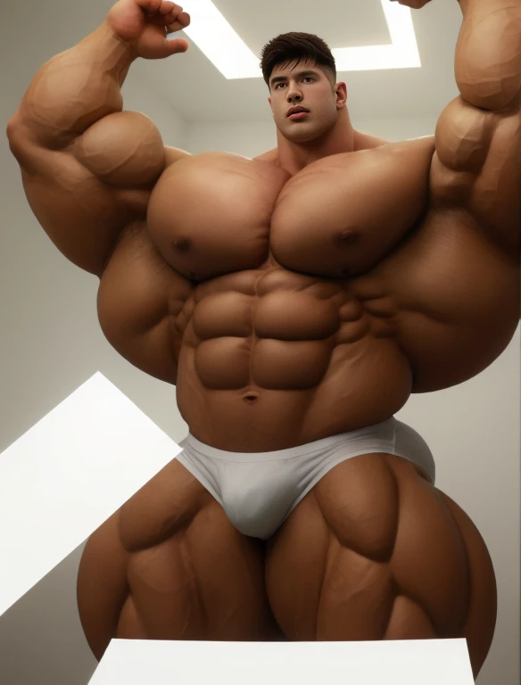 1boy, giant, bodybuilding pose, stand, illuminating light, strong body, bulk, large size, staring, armpit, musk & sweaty, in the white photo studio room, nude, white triangular underwear, prominent bulge, extraordinary big, brutalmass, giant, muscular body, bulk, buff, massive body, large meaty body size, extremely wide body