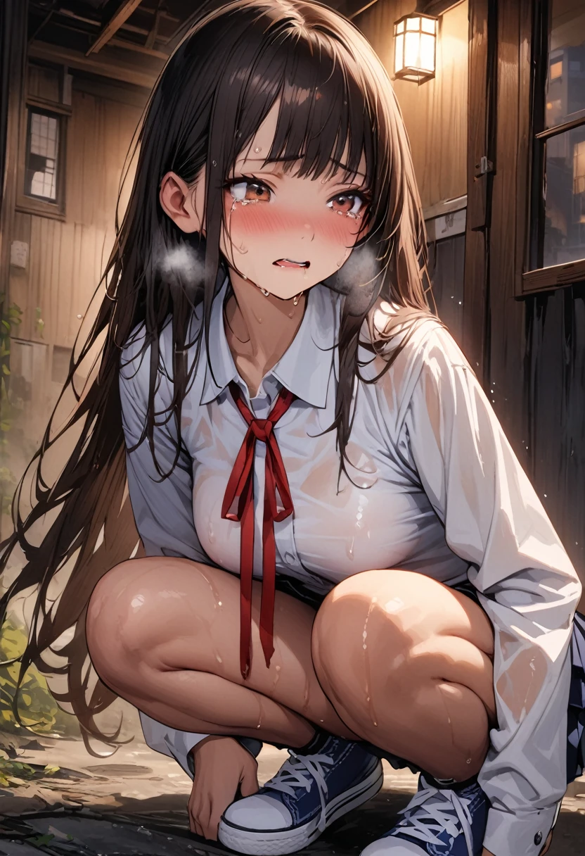 ((masterpiece,Highest quality:1.3,best quality illustration)),realistic、cowboy shot,独奏,1woman,(18-year-old、Japanese Beauty),dark brown hair,long hair,bangs,brown eyes,gorgeous eyes,((very small head:1.3)),crying,Heavy breathing,((very long body:1.2,skinny)),medium breasts,(Red ribbon tie、White collared shirt、Long sleeve、Navy blue pleated neakers),Wet crotch、sweat,gleaming skin,toned body,slender body,(squatting),Sneakers、Abandoned house、at night、Tokyo、