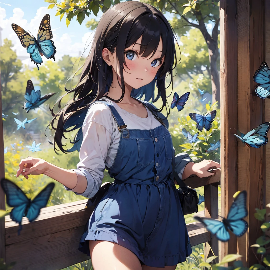 Girl surrounded by blue monarch butterflies. Detailed. 