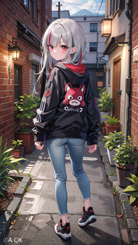 (8K, best quality, master piece: 1.5),super high resolution, One girl, solo, full shot, 15 years old, ultra-detailed face, detailed eyes, rainbow colored iris, wine red eyes, slant eyes, angry, (Silver gray hair, red streaked hair), blunt bangs,, Medium chest, Dirty hoodie and jeans, bare legs, bridal garter, Dark back alley