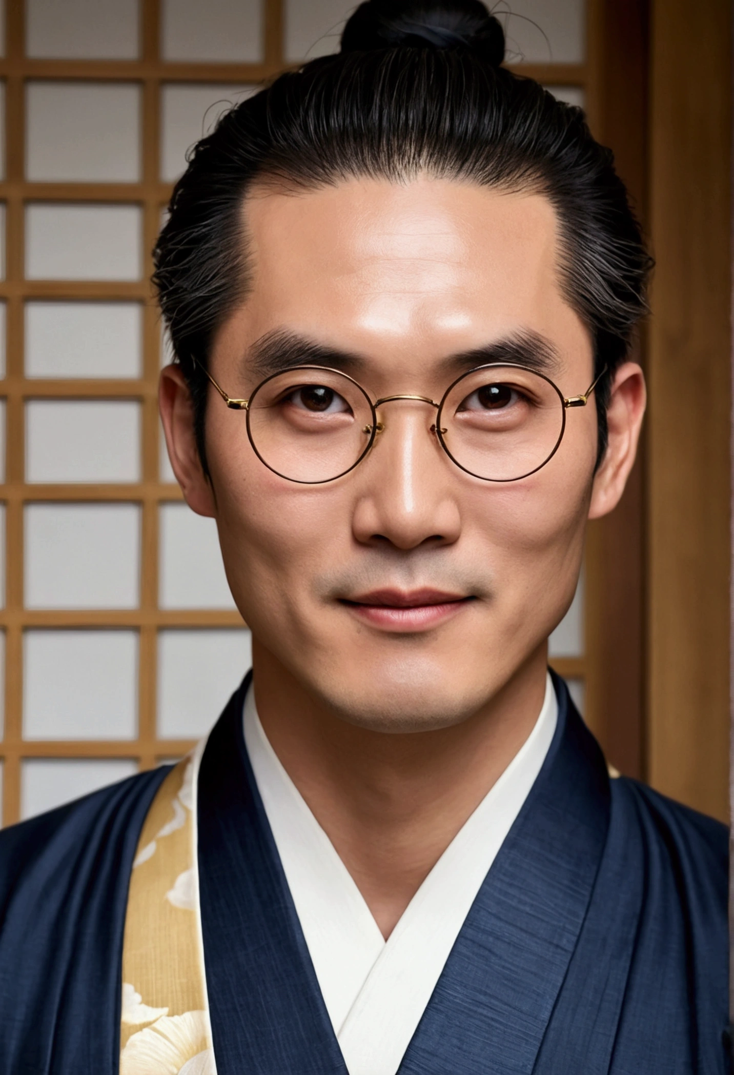 ((best qualityer)), ((work of art)), (detailded) kor: 38 years old Appearance: man hair: gris, long and tied into a traditional bun, with some loose threads. muka: slightly wrinkled, with an arrogant expression. eyeballs: brown, with an obvious scar on the right eye. tenue: Japanese traditional kimono, dark blue with gold details. Accessories: Wear a pair of round glasses. stance: sitting down, haughty, smiling in greed.