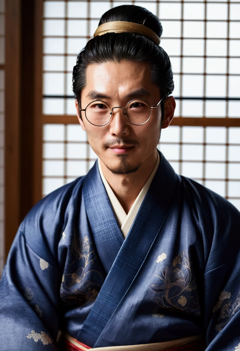 ((best qualityer)), ((work of art)), (detailded) kor: 38 years old Appearance: man hair: gris, long and tied into a traditional bun, with some loose threads. muka: slightly wrinkled, with an arrogant expression. eyeballs: brown, with an obvious scar on the right eye. tenue: Japanese traditional kimono, dark blue with gold details. Accessories: Wear a pair of round glasses. stance: sitting down, haughty, smiling in greed.