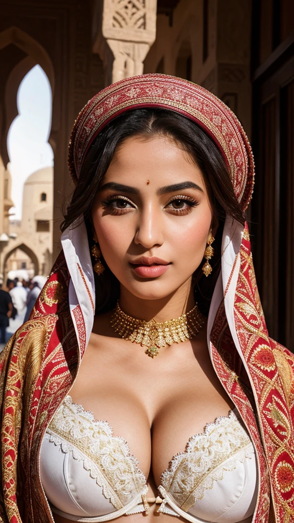 Instagram Arabian models pose in Fes, in traditional clothes, full entire body, beautiful detailed eyes, beautifully detailed lips, big breasts with bra and hijab, extremely detailed eyes and face, short, nice rosa Haar ((best qulaity)), ((masterpiece)), (detailled), perfect face, full entire body, ahegao