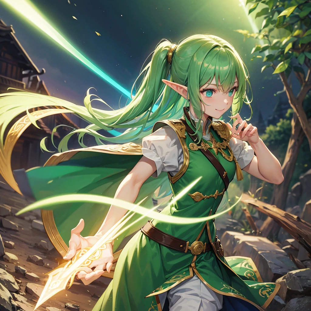 Elven Swordsman（Green semi-long、uniform）,Holding a magic sword、tropical（Tavern　Rainbow light swirling　magic circle）、smile、Hellgate、背景にmagic circle