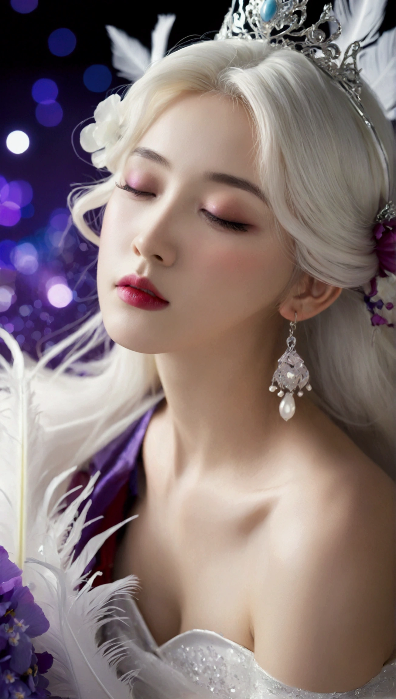 Masterpiece,Dazzling multicolored light,ultra detailed,A girl.,In the flowers,**** a sleeping princess,Earrings,White feather tulle,Long white eyelashes,Extra-long hair is slightly curly,White hair,(Hair takes up the entire frame),a charming face,Glowing lips,clavicle,Shoulder exposure,Floating petals,Dreamy and beautiful,The characters are thick and painted.,Fine strokes,Wallpaper,The background is graded with white and purple,anime aesthetic,Poolcoreanime beauty,Hyperrealism,sparkle,textured skin,super detail,best quality,8k, ,