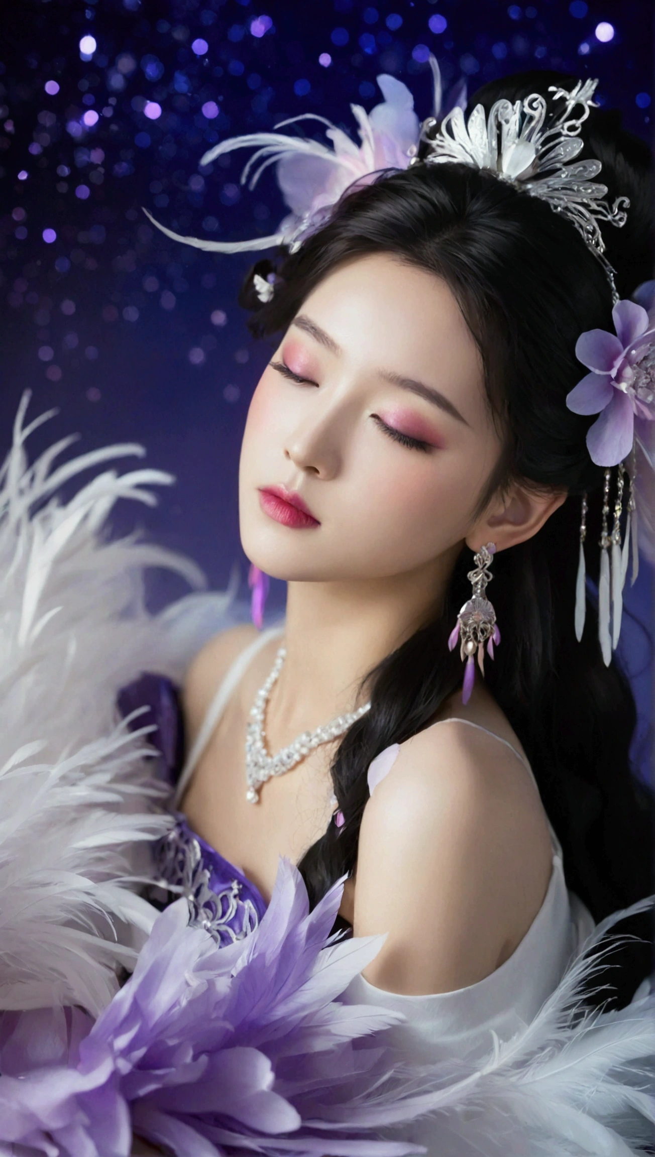 Masterpiece,Dazzling multicolored light,ultra detailed,A girl.,In the flowers,**** a sleeping princess,Earrings,White feather tulle,Long white eyelashes,Extra-long hair is slightly curly,White hair,(Hair takes up the entire frame),a charming face,Glowing lips,clavicle,Shoulder exposure,Floating petals,Dreamy and beautiful,The characters are thick and painted.,Fine strokes,Wallpaper,The background is graded with white and purple,anime aesthetic,Poolcoreanime beauty,Hyperrealism,sparkle,textured skin,super detail,best quality,8k, ,
