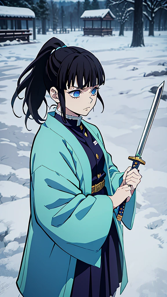 Kimetsu no Yaiba style, 1 mature, girl, blue eyes, a hashira, pretty, long dark brown hair in ponytail, curtain bangs, annoyed expression, noble, Pillar Demon Slayer, holding a sword, wearing demon slayer uniform, holding a blue demon slayer sword, dark and snowy background