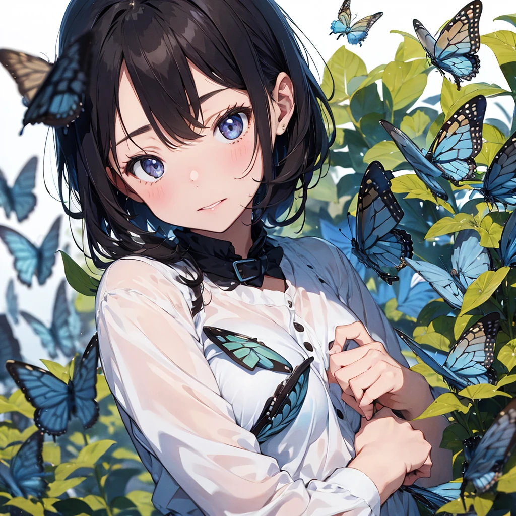 Girl surrounded by blue monarch erflies. Detailed. 