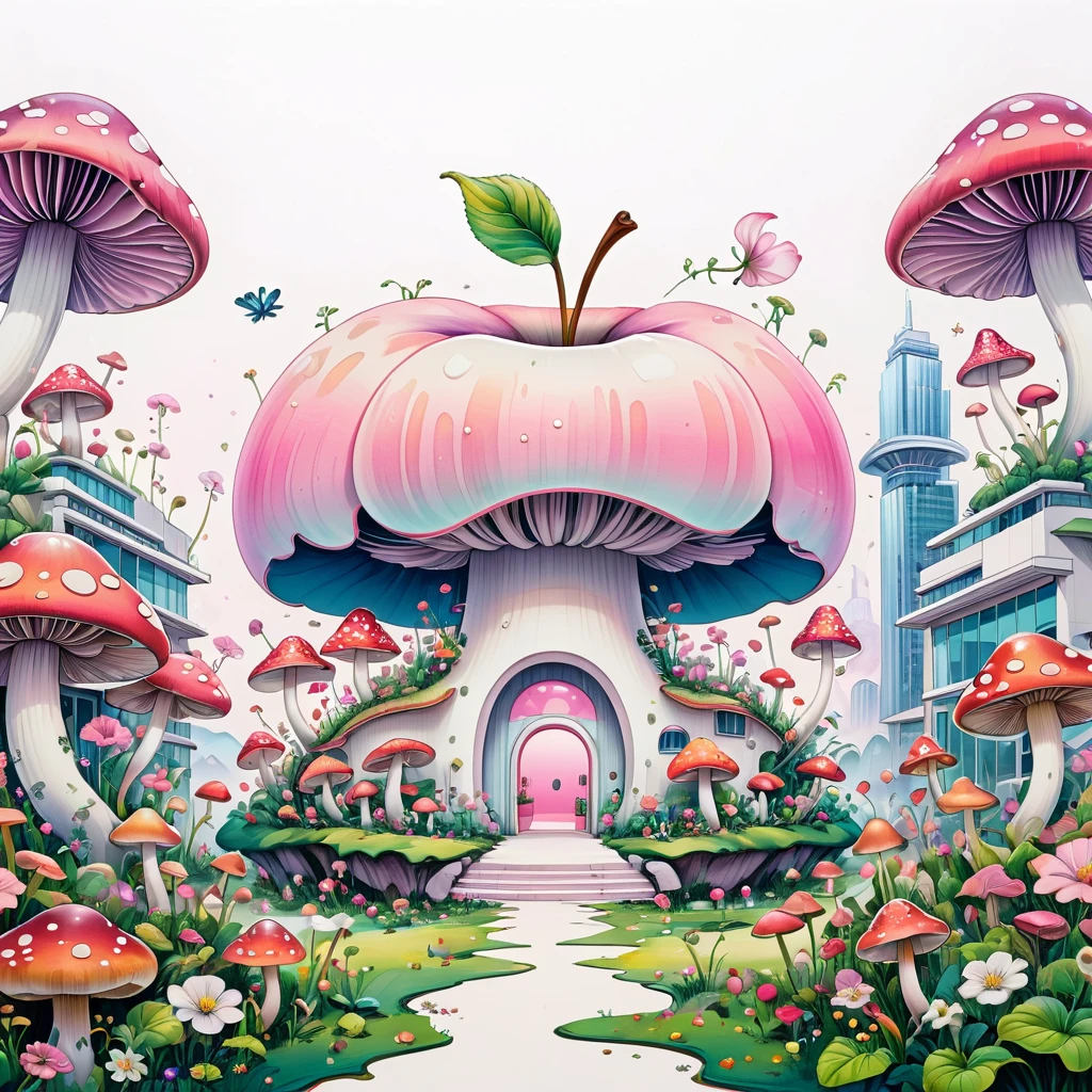 (masterpiece, best quality:1.2), Psychedelic Art：1.5，Creative illustration：1.5，Minimalism：1.5. Apple Building，Landscape in the building，Flowers，Mushrooms，Stitch together interesting pictures，Pale pink theme，White background