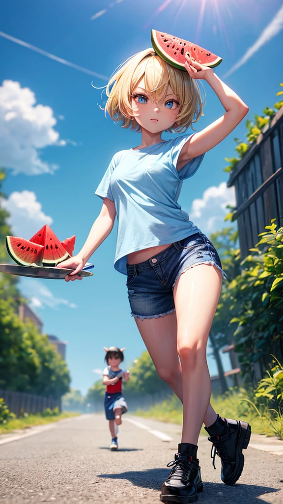 The character in Roblox has blonde hair, short hair, wears a blue shirt, female, wears blue shorts, black shoes, a plate of watermelon on her head.