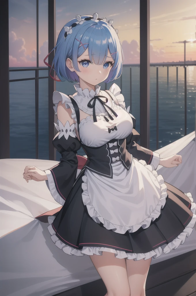 rezeroRem, Rem, blue eyes, Blue Hair, hair ornaments, Hair on one eye, hair ribbon, short hair, x hair ornaments,Big Breasts,露出多め
break apron, black ribbon, black skirt, Black sleeves, Detachable collar, Removable sleeves, flower, Frillsエプロン, frilled skirt, Frills, 頭flower輪, Long sleeve, Maid, miniskirt, neck ribbon, purple ribbon, ribbon, ribbon trim, ribbon-trimmed sleeves, roswaal mansion Maid uniform, short hair, skirt, Knee socks, Waist apron, White apron, white Knee socks,
break outdoors, city,
break looking at viewer, 
break (masterpiece:1.2), Highest quality, High resolution, unity 8k wallpaper, (figure:0.8), (Beautiful attention to detail:1.6), extRemely detailed face, Perfect lighting, extRemely detailed CG, (Perfect hands, Perfect Anatomy),