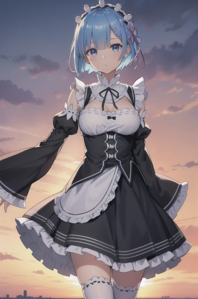 rezeroRem, Rem, blue eyes, Blue Hair, hair ornaments, Hair on one eye, hair ribbon, short hair, x hair ornaments,Big Breasts,露出多め
break apron, black ribbon, black skirt, Black sleeves, Detachable collar, Removable sleeves, flower, Frillsエプロン, frilled skirt, Frills, 頭flower輪, Long sleeve, Maid, miniskirt, neck ribbon, purple ribbon, ribbon, ribbon trim, ribbon-trimmed sleeves, roswaal mansion Maid uniform, short hair, skirt, Knee socks, Waist apron, White apron, white Knee socks,
break outdoors, city,
break looking at viewer, 
break (masterpiece:1.2), Highest quality, High resolution, unity 8k wallpaper, (figure:0.8), (Beautiful attention to detail:1.6), extRemely detailed face, Perfect lighting, extRemely detailed CG, (Perfect hands, Perfect Anatomy),