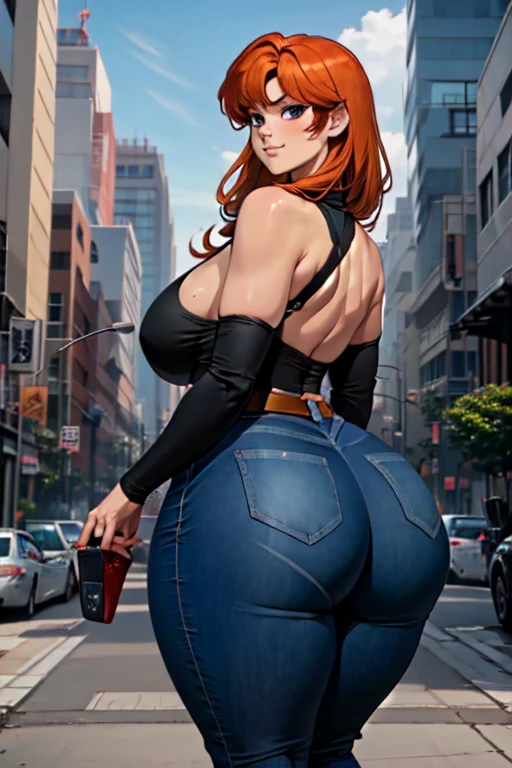 Ranma Chan in jeans, redhead, masterpiece, best quality, highly detailed, fine detail, 1girl, long hair, blonde hair, blunt bangs, thick thighs, thin waist, wide hips, curvy figure, voluptuous, cleavage, navel, huge breasts, huge ass, ass focus, perfect ass, woman wearing acstp skintight pants, rolled up sleeve, (((stp blue)), out in the streets, morning, buildings, standing, sexy pose, cowboy shot, smirk, from behind, looking back, looking at viewer,