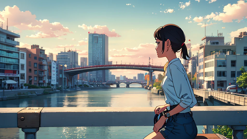 "A stylish young woman with a ponytail, wearing casual clothes, sits on a colorful vintage scooter (model: Vespa 1970) by a railing overlooking a serene cityscape with tall buildings and a river. The scene has a relaxed, 'chill' vibe with a retro aesthetic, and the sky is clear with a few clouds. The overall atmosphere is calm and emotional, perfect for a chill music playlist cover."