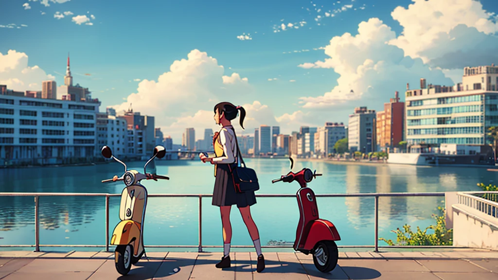 "A stylish young woman with a ponytail, wearing casual clothes, sits on a colorful vintage scooter (model: Vespa 1970) by a railing overlooking a serene cityscape with tall buildings and a river. The scene has a relaxed, 'chill' vibe with a retro aesthetic, and the sky is clear with a few clouds. The overall atmosphere is calm and emotional, perfect for a chill music playlist cover."