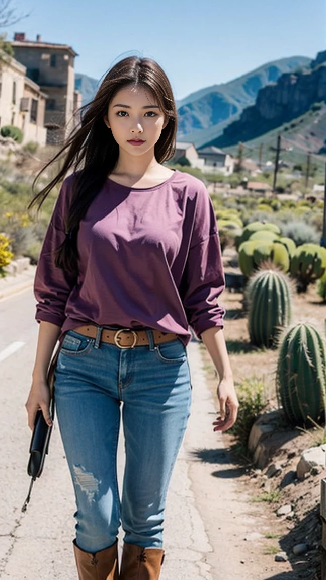 A tall white-skinned woman with brown hair in cowboy clothes walks through a rocky wasteland with huge cacti
