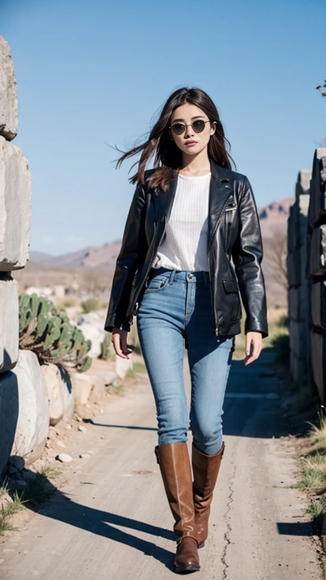 A tall white-skinned woman with brown hair in cowboy clothes walks through a rocky wasteland with huge cacti
