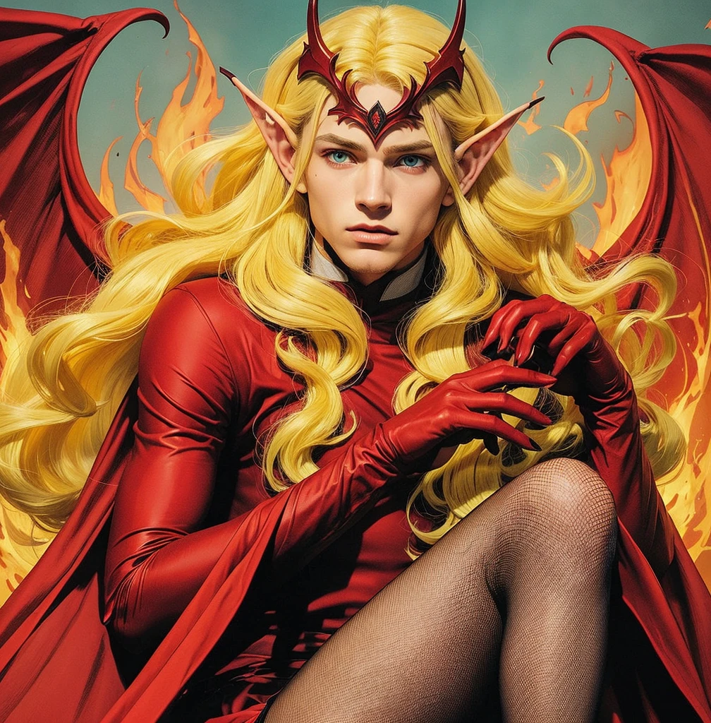 American classic comic book art: handsome ethereal young man delicate, long yellow blonde hair with waves, elf ears, red outfit dress demon, black gloves, sorcerer red tiara on forehead, beautiful thighs, blue eyes, very young face boy, red mini skirt, emanating fire, black nails, black stockings, ethereal male body, medieval, ethereal mystic boy, classic comic book