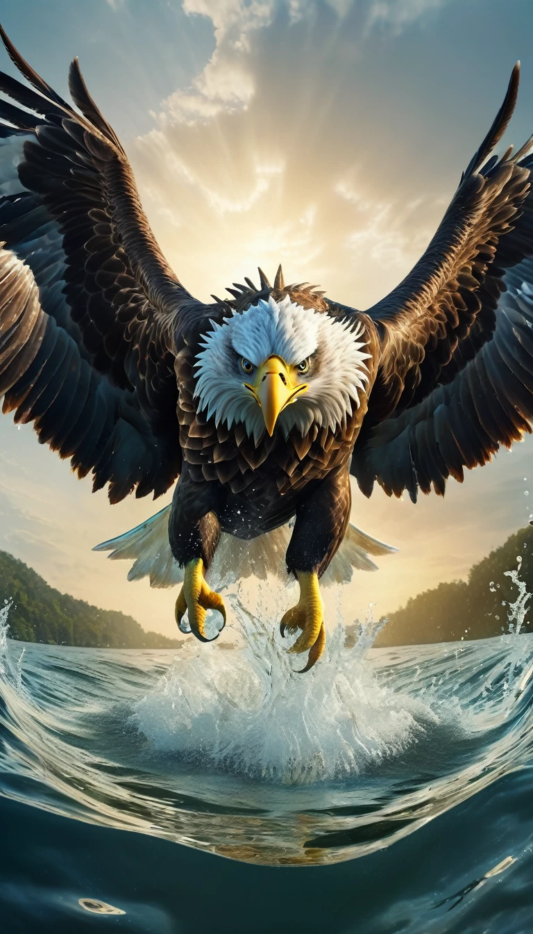 Panorama，There is a beast in the water，Looks like an eagle，The head has double horns（best quality，4K，8K，High level，masterpiece：1.2），Ultra Detailed，（lifelike，Photo real，Photo real：1.37），Highly detailed animals，Complex patterns，Realistic lighting，Fantasy Creatures