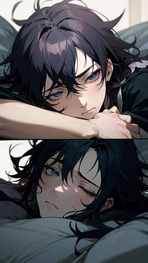 The image shows an anime or manga character with dark, unkempt hair. The character appears to be lying down or reclining, with his face partially covered by a black blanket. Your eyes are half open, conveying an expression of tiredness or melancholy. The lighting is soft, creating a peaceful and introspective atmosphere.