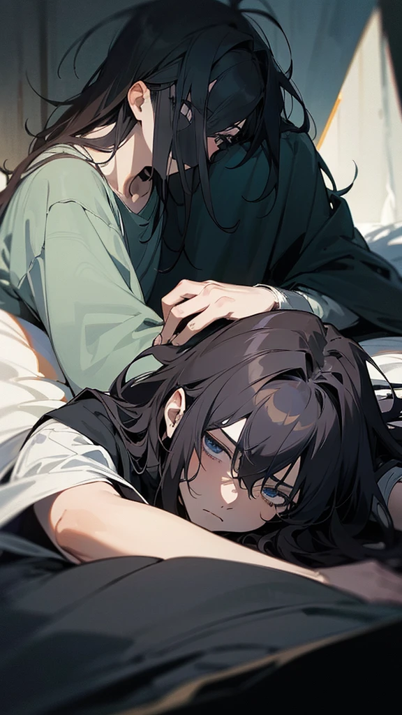 The image shows an anime or manga character with dark, unkempt hair. The character appears to be lying down or reclining, with his face partially covered by a black blanket. Your eyes are half open, conveying an expression of tiredness or melancholy. The lighting is soft, creating a peaceful and introspective atmosphere.