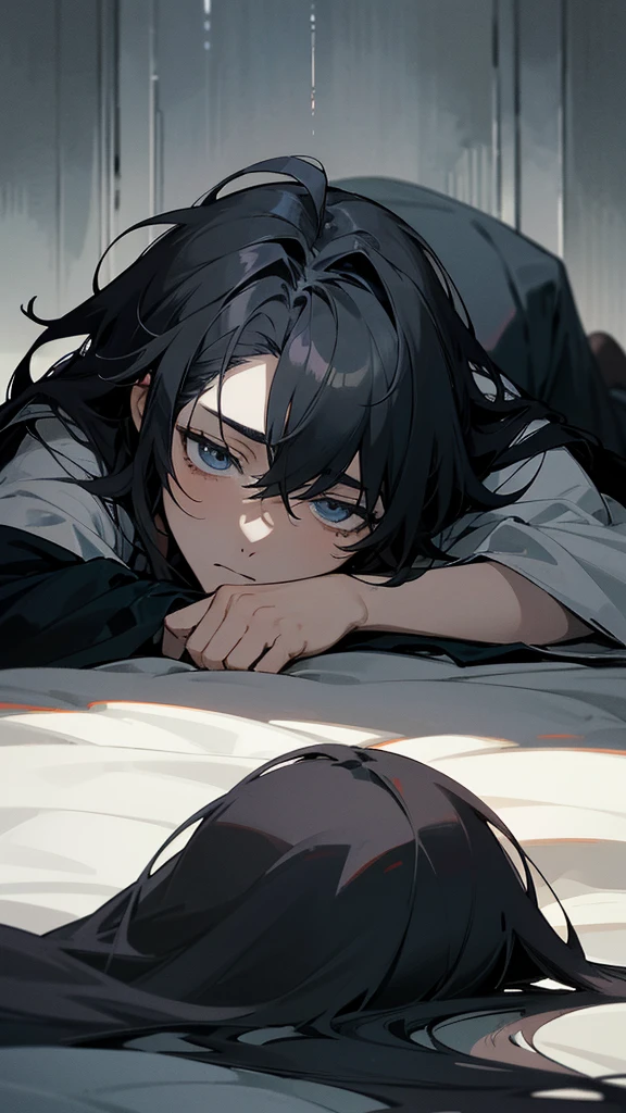 The image shows an anime or manga character with dark, unkempt hair. The character appears to be lying down or reclining, with his face partially covered by a black blanket. Your eyes are half open, conveying an expression of tiredness or melancholy. The lighting is soft, creating a peaceful and introspective atmosphere.