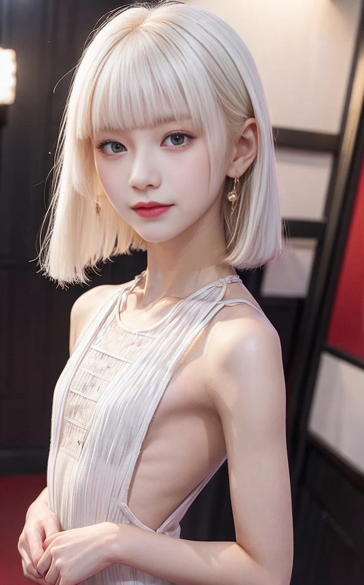 ((masterpiece:1.2、Highest quality、Tmasterpiece))、1 female、alone、classroom、Day、(Korean Idol:1.2)、(Are standing:1.4)、blonde、(Hime Hair:1.4)、Wavy Hair,Beautiful legs、((Halter neck dress:1.4))、(Beautiful white skin:1.4)、(Small breasts:1.5)、Hoop Earrings、lipstick、Ring Choker、blush、smile、Covered breasts、(Thick lips:1.2)、Detailed body、Very detailed絵画, Luminism、4K resolution、3D Rendering、Exquisitely crafted , Cinematic、Realistic、Hit definition、Abstract Beauty、Approaching perfection, Pure Form, Golden Ratio、Very detailed, Digital photography, Soft natural light, 50mm lens, F1.8 Vacancies、blush、Small face、(Tight waist:1.3),(albino:1.5),(anorexia:1.3),(Sickly:1.2),(Face close-up:1.4),(Short Bob:1.2),(Red carpet:1.3),(Film festival:1.5)、smile