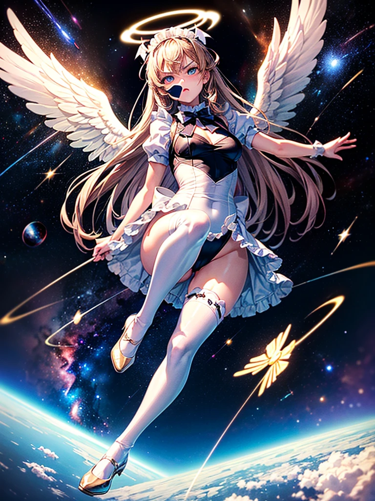 Highest quality,Highest Resolution,Beautiful girl with angry face in maid leotard,Frills,High leg,(((Floating in the air))),Halo,(((universe space))),Milky Way,meteor,Very beautiful eyes,(((White angel wings on the back))),whole body,long hair,(((Shoot a bow))),Knee-high stockings,Floating in the air,