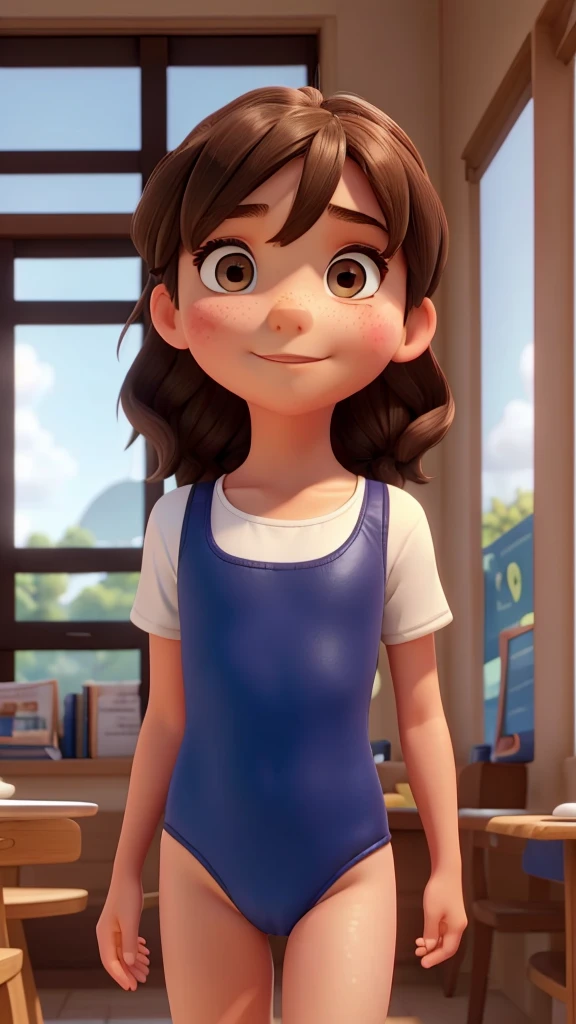 a **************** with white swimming goggles and long dark brown hair, has brown eyes, wears a dark blue one-piece school swimsuit swimming lessons