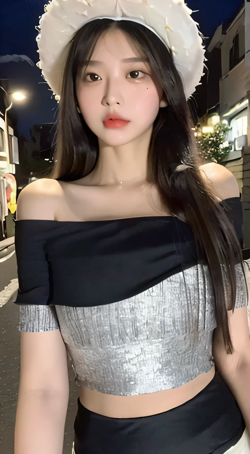 ((best quality, 8K, masterpiece: 1.3)), (Flower Hat: 1.3), Key Points: 1.2, Perfect body beauty: 1.4, Hips: 1.2, (Layered Hairstyle: 1.2)), (Dark Street: 1.3), Highly detailed face and skin textures, whole body, Exquisite eyes, Double eyelids, Skin Whitening, Long hair, (Round Face: 1.5), (Loose cropped top, shorts: 1.6)